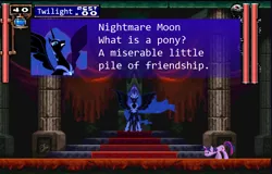 Size: 808x518 | Tagged: 8-bit, artist needed, carpet, castle, castlevania, castlevania: symphony of the night, derpibooru import, image macro, meme, nightmare moon, ponyvania, red carpet, retro, safe, source needed, text, throne, throne room, twilight sparkle, video game, what is a man