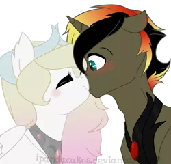 Size: 1024x982 | Tagged: safe, artist:ipandacakes, derpibooru import, oc, oc:imperial ire, oc:valkyrie, unofficial characters only, hybrid, pony, unicorn, female, interspecies offspring, kissing, male, offspring, offspring shipping, parent:discord, parent:princess celestia, parents:dislestia, shipping, simple background, straight, transparent background, valkyrial