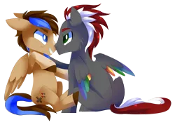 Size: 4381x3178 | Tagged: safe, artist:sorasku, derpibooru import, oc, oc:chiptune, oc:mahx, unofficial characters only, pegasus, pony, absurd resolution, colored wings, commission, gay, looking at each other, male, multicolored wings, raised hoof, simple background, sitting, smiling, stallion, transparent background