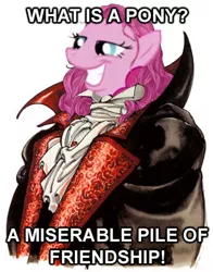 Size: 350x446 | Tagged: safe, derpibooru import, pinkie pie, pony, vampire, castlevania, castlevania: symphony of the night, dracula, image macro, meme, solo, what is a man