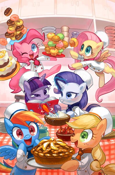 Size: 1000x1516 | Tagged: safe, artist:kaori matsuo, artist:s-bis, derpibooru import, idw, applejack, fluttershy, pinkie pie, rainbow dash, rarity, twilight sparkle, twilight sparkle (alicorn), alicorn, earth pony, pegasus, pony, unicorn, my little pony: the movie, spoiler:comic, spoiler:comic mlp movie prequel, apple, apple pie, baking, bowl, clothes, cooking, cover, cupcake, cute, donut, flying, food, mane six, mixing bowl, my little pony: the movie prequel, pie, rainbow dash likes pie