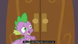 Size: 1366x768 | Tagged: derpibooru import, dragon, meme, safe, screencap, solo, spike, the crystal empire, worried, youtube caption