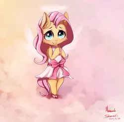 Size: 1100x1080 | Tagged: safe, artist:miokomata, derpibooru import, fluttershy, pegasus, pony, angel, bipedal, birthday gift, clothes, cloud, cute, dress, female, fluttershy the angel, folded wings, halo, hooves together, looking at you, mare, shyabetes, smiling, solo, sundress, unshorn fetlocks