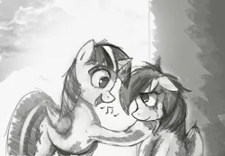 Size: 2155x1493 | Tagged: safe, artist:thefloatingtree, derpibooru import, rainbow dash, twilight sparkle, twilight sparkle (alicorn), alicorn, pony, comforting, contrast, crying, grayscale, monochrome, singing