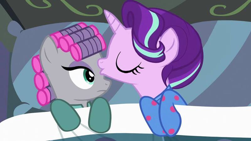 Size: 960x540 | Tagged: safe, derpibooru import, edit, edited screencap, screencap, maud pie, starlight glimmer, pony, rock solid friendship, bed, clothes, female, forehead kiss, goodnight kiss, kissing, lesbian, pajamas, sheet, shipping, starmaud