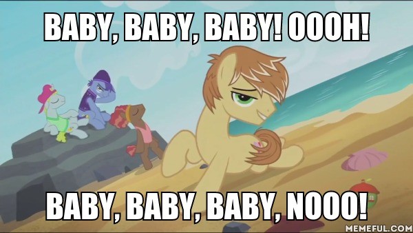 Size: 600x338 | Tagged: safe, derpibooru import, edit, edited screencap, screencap, feather bangs, pony, hard to say anything, beach, bedroom eyes, dancing, image macro, jontron thread, justin bieber, meme, singing