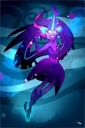 Size: 1155x1737 | Tagged: safe, artist:artistotels, derpibooru import, sci-twi, twilight sparkle, equestria girls, abstract background, female, flying, grin, midnight sparkle, smiling, solo