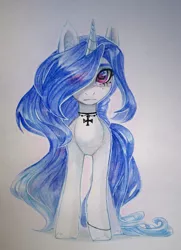 Size: 784x1080 | Tagged: safe, artist:aphphphphp, derpibooru import, oc, unofficial characters only, pony, unicorn, female, hair over one eye, jewelry, looking at you, mare, necklace, solo, traditional art, unshorn fetlocks, watercolor painting