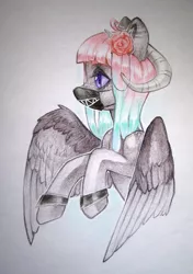 Size: 762x1080 | Tagged: safe, artist:aphphphphp, derpibooru import, oc, unofficial characters only, pegasus, pony, bracelet, bust, female, flower, flower in hair, jewelry, mare, mask, ram horns, solo, spread wings, traditional art, watercolor painting, wings