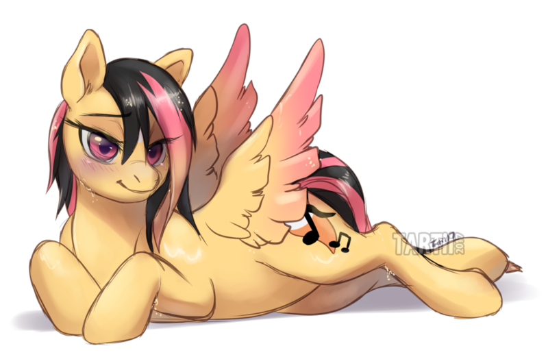 Size: 1024x667 | Tagged: safe, artist:tartii, derpibooru import, oc, oc:foxtrot, unofficial characters only, pony, blushing, lying down, simple background, solo, wet mane