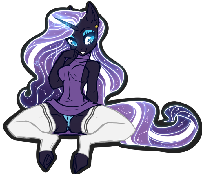 Size: 1114x959 | Tagged: questionable, artist:barnowlking, derpibooru import, nightmare rarity, anthro, unguligrade anthro, unicorn, backless, blue underwear, breasts, cameltoe, clothes, female, looking at you, mare, no pupils, open back sweater, open-back sweater, panties, simple background, skirt, skirt lift, sleeveless sweater, socks, solo, solo female, stockings, sweater, thigh highs, transparent background, underhoof, underwear, upskirt, virgin killer sweater