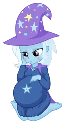 Size: 1016x1920 | Tagged: safe, artist:xniclord789x, derpibooru import, trixie, equestria girls, barefoot, belly, big belly, blushing, cape, clothes, cute, feet, female, hat, kneeling, magician outfit, pregnant, simple background, solo, transparent background, wand, wizard hat