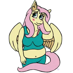 Size: 4000x4000 | Tagged: anthro, artist:moddie, belly button, blushing, chubby, derpibooru import, fat, fattershy, fluttershy, pegasus, safe, shy, simple background, solo, transparent background