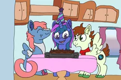 Size: 3900x2571 | Tagged: safe, artist:moddie, deleted from derpibooru, derpibooru import, oc, oc:aperture, oc:flashpoint, oc:scribble sketch, oc:scribblesketch, unofficial characters only, pony, birthday, cake, cute, food, happy