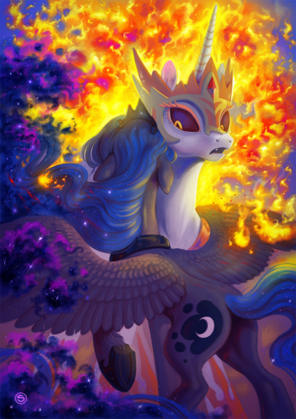 Size: 1000x1414 | Tagged: safe, artist:stasysolitude, derpibooru import, daybreaker, princess luna, alicorn, pony, a royal problem, alternate timeline, armor, crown, cute, diabreaker, duo, ethereal mane, female, fire, floppy ears, hug, jewelry, mane of fire, mare, moonbutt, neck hug, open mouth, plot, raised hoof, regalia, role reversal, royal sisters, sad, siblings, sisterly love, sisters, spread wings, starry mane, surprised, sweet dreams fuel, tiara, wings