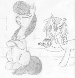 Size: 773x807 | Tagged: safe, artist:t72b, derpibooru import, octavia melody, vinyl scratch, earth pony, pony, unicorn, crossed hooves, crying, female, headphones, mare, missing accessory, monochrome, pouting, sheepish grin, teapot, traditional art, upset