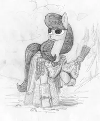 Size: 639x770 | Tagged: safe, artist:t72b, derpibooru import, octavia melody, earth pony, pony, armor, cloak, clothes, female, grayscale, helmet, holding, mare, monochrome, roman, solo, stern, traditional art