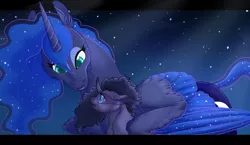 Size: 1200x694 | Tagged: safe, artist:bijutsuyoukai, derpibooru import, princess luna, oc, oc:black lotus, pony, unicorn, curved horn, female, filly, mother and daughter, night, offspring, parent:good king sombra, parent:king sombra, parent:princess luna, parents:lumbra