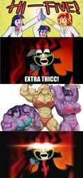 Size: 1280x2735 | Tagged: suggestive, artist:advanceddefense, artist:gao-lukchup, derpibooru import, sci-twi, sunset shimmer, twilight sparkle, pony, comic:the amazonian effect, aku, amazon, armpits, big breasts, bigorexic, bra, breasts, busty sunset shimmer, busty twilight sparkle, clothes, extra thicc, fetish, meme, muscle fetish, muscles, overdeveloped muscles, panties, samurai jack, sunset lifter, thick, twilight muscle, twolight, underwear, woke