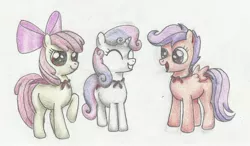 Size: 2036x1187 | Tagged: safe, artist:sakaerion, derpibooru import, apple bloom, scootaloo, sweetie belle, pony, cutie mark crusaders, traditional art