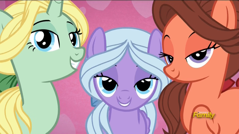 Size: 1920x1080 | Tagged: safe, derpibooru import, screencap, dear darling, fond feather, swoon song, earth pony, pegasus, pony, unicorn, hard to say anything, background pony, bedroom eyes, bimbettes, discovery family logo, female, lidded eyes, looking at you, mare, raised hoof, seductive, smiling, trio, trio female