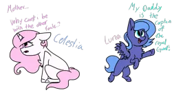 Size: 1280x720 | Tagged: safe, artist:dashipnoodle, derpibooru import, princess celestia, princess luna, pegasus, pony, unicorn, cewestia, chest fluff, cute, female, filly, filly celestia, filly luna, fluffy, frown, happy, headcanon, leg fluff, neck fluff, open mouth, pegasus luna, pink-mane celestia, race swap, royal sisters, sad, simple background, smiling, spread wings, transparent background, unicorn celestia, wing fluff, wings, woona, younger