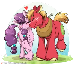 Size: 1024x892 | Tagged: safe, artist:inuhoshi-to-darkpen, derpibooru import, big macintosh, sugar belle, earth pony, pony, unicorn, hard to say anything, blushing, cute, eyes closed, female, heart, male, nuzzling, one eye closed, raised hoof, shipping, straight, sugarmac, unshorn fetlocks