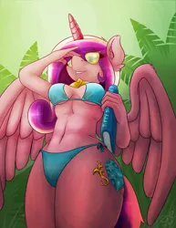 Size: 3500x4526 | Tagged: absurd resolution, alicorn, anthro, artist:theomegaridley, beach, bikini, book, breasts, clothes, derpibooru import, female, glasses, low angle, princess cadance, smiling, solo, solo female, suggestive, sunglasses, swimsuit, wings