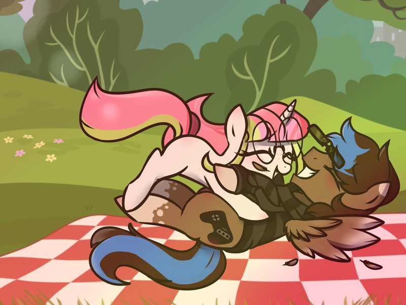 Size: 4000x3000 | Tagged: safe, derpibooru import, oc, oc:playthrough, unofficial characters only, pegasus, pony, unicorn, clothes, controller, couple, eyes closed, feather, female, glasses, grass, hoodie, hug, male, mare, missing cutie mark, picnic, show accurate, smiling, spread wings, stallion, wings