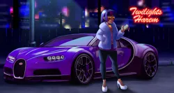 Size: 1280x683 | Tagged: artist:highwaytotartarus, bugatti, bugatti chiron, car, clothes, dark skin, derpibooru import, fur coat, futerko, futro, high heels, human, humanized, hypercar, night, safe, solo, sunglasses, supercar, twilight sparkle