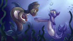 Size: 1280x720 | Tagged: safe, artist:sugaryviolet, derpibooru import, oc, oc:daturea eventide, oc:pepper slice, unofficial characters only, bat pony, pony, asphyxiation, breathplay, bubble, bully, bullying, diving, dolphin suit, drowning, floppy ears, image, latex, latex suit, looking at each other, png, rebreather, rubber, seams, skintight clothes, transparent, underwater