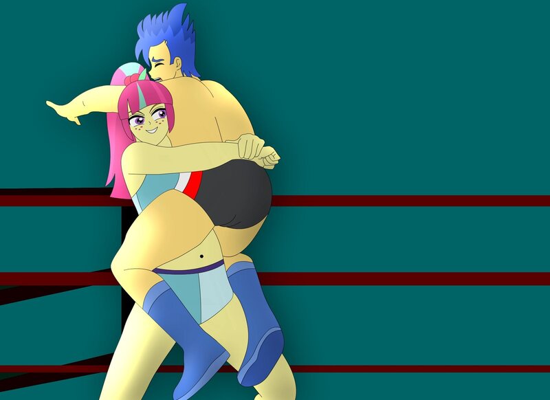 Size: 1600x1163 | Tagged: suggestive, artist:supermaxx92, derpibooru import, flash sentry, sour sweet, equestria girls, friendship games, clothes, fight, sexy, speedo, underwear, wrestler, wrestling, wrestling ring