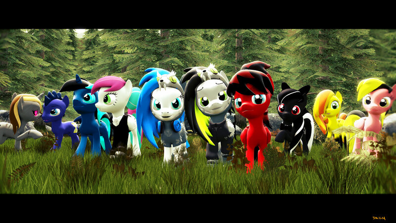 Size: 1920x1080 | Tagged: safe, artist:skilm, derpibooru import, oc, oc:blue glow, oc:devil dash, oc:ravymctaylor, oc:rose shine, oc:skiski, unofficial characters only, pony, 3d, forest, group, image, jpeg, source filmmaker, wolf suit