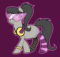 Size: 1780x1684 | Tagged: safe, artist:/d/non, derpibooru import, octavia melody, earth pony, pony, 30 minute art challenge, accessories, alternate hairstyle, clothes, female, fishnets, glasses, headphones, mare, ponytail, purple background, simple background, socks, solo, striped socks, visor