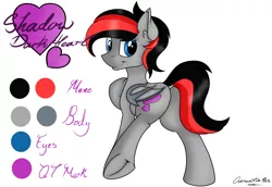 Size: 8000x5500 | Tagged: safe, artist:overwatchpon3, derpibooru import, oc, oc:shadie, unofficial characters only, bat pony, pony, absurd resolution, bat wings, blue eyes, cute, cutie mark, ear fluff, english, fangs, heart, hoof on chest, hooves, looking at you, presenting, reference sheet, simple background, smiley face, solo, text, two toned mane, two toned tail, white background