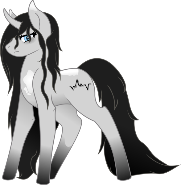 Size: 1016x1039 | Tagged: safe, artist:k-ings, artist:sketchy brush, derpibooru import, oc, oc:echo, unofficial characters only, pony, unicorn, black mane, blue eyes, collaboration, gradient hooves, grey fur, large ears, long mane, simple background, solo, spots, tired, transparent background, vector, vector trace