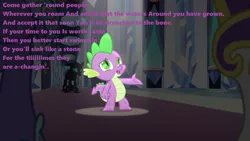 Size: 1280x720 | Tagged: bob dylan, crystal empire, crystal palace, derpibooru import, dragon, dungeons and discords, edit, edited screencap, safe, screencap, singing, solo, song, song reference, spike, spotlight, the times they are a changeling, the times they are a-changin