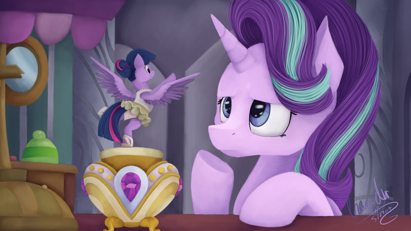 Size: 1920x1080 | Tagged: safe, artist:lav-cavalerie, derpibooru import, starlight glimmer, twilight sparkle, twilight sparkle (alicorn), alicorn, pony, a royal problem, ballerina, clothes, leotard, mirror, music box, scene interpretation, signature, tutu, twilarina