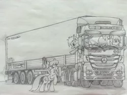 Size: 3264x2448 | Tagged: safe, artist:orang111, derpibooru import, oc, unofficial characters only, bat pony, pony, commission, fus-ro-dah, mercedes-benz, mercedes-benz actros, semi truck, traditional art, truck, truck driver