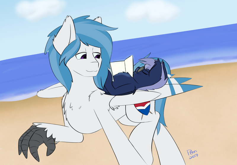 Size: 2048x1425 | Tagged: safe, artist:penn-name, derpibooru import, oc, oc:delta dart, oc:shaddie quindecim, unofficial characters only, bat pony, hippogriff, pony, beach, chest fluff, ocean, ponies riding ponies, size difference, sunbathing, sunglasses, talons