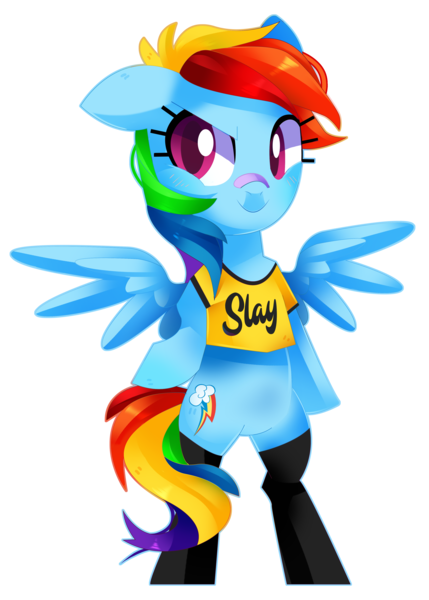 Size: 3215x4500 | Tagged: safe, artist:sorasku, derpibooru import, rainbow dash, pegasus, pony, absurd resolution, bandage, clothes, colored pupils, cute, dashabetes, female, mare, multicolored hair, shirt, simple background, smiling, solo, spread wings, stockings, thigh highs, transparent background, wings