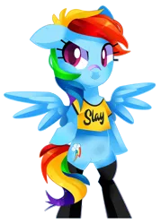 Size: 3215x4500 | Tagged: safe, artist:sorasku, derpibooru import, rainbow dash, pegasus, pony, absurd resolution, bandage, clothes, colored pupils, cute, dashabetes, female, mare, multicolored hair, shirt, simple background, smiling, solo, spread wings, stockings, thigh highs, transparent background, wings