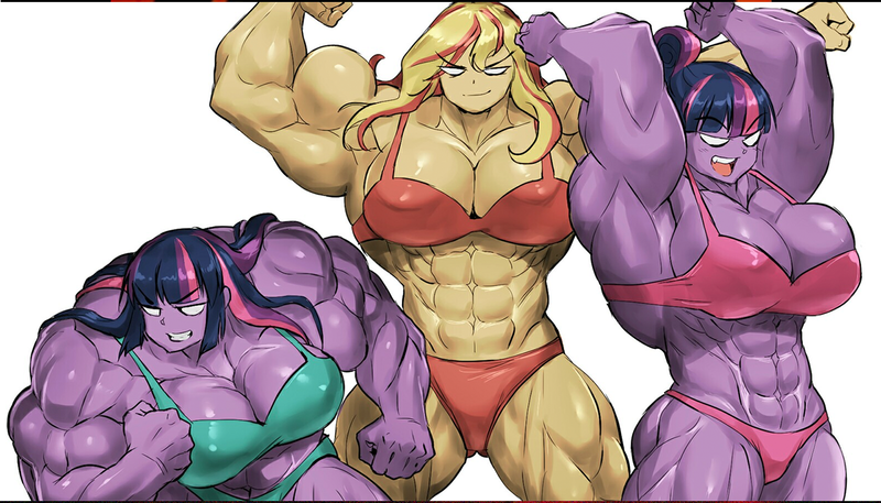 Size: 1280x731 | Tagged: suggestive, artist:gao-lukchup, derpibooru import, edit, sci-twi, sunset shimmer, twilight sparkle, comic:the amazonian effect, equestria girls, abs, armpits, biceps, big breasts, bikini, blank eyes, bra, breasts, busty sunset shimmer, busty twilight sparkle, clothes, female, females only, fetish, flexing, muscle fetish, muscles, overdeveloped muscles, simple background, sunset lifter, swimsuit, thunder thighs, twilight muscle, twolight, underwear, white background