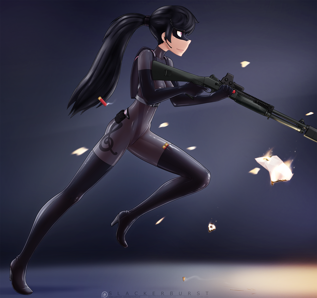 Size: 2720x2560 | Tagged: alternate hairstyle, artist:slackerburst, boots, derpibooru import, eotech, female, fire, gun, high heel boots, human, humanized, latex, mask, octavia melody, ponytail, safe, shotgun, shotgun shell, solo, spy suit, weapon