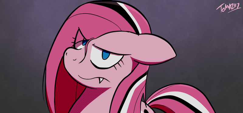 Size: 1280x600 | Tagged: safe, artist:tomazii7, derpibooru import, pinkie pie, pony, 30 minute art challenge, fangs, floppy ears, gothic pinkie, looking at you, pinkamena diane pie, solo