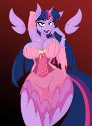 Size: 822x1122 | Tagged: suggestive, artist:lil miss jay, derpibooru import, twilight sparkle, twilight sparkle (alicorn), alicorn, anthro, full service playing cards, armpits, bedroom eyes, big breasts, breasts, busty twilight sparkle, cleavage, clothes, corset, cosplay, costume, curvy, detached sleeves, dress, female, finger in mouth, finger to mouth pose, fingernails, floating wings, gradient background, licking, licking lips, lipstick, looking at you, nail polish, pose, ripping clothes, seductive pose, sexy, skirt, solo, solo female, standing, stupid sexy twilight, tara strong, tongue out, wide hips