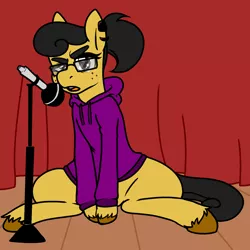 Size: 2276x2273 | Tagged: safe, artist:/d/non, derpibooru import, oc, oc:iggy the kidd, unofficial characters only, pony, clothes, curtain, female, freckles, glasses, hoodie, microphone, piercing, sitting, solo, stage, unshorn fetlocks