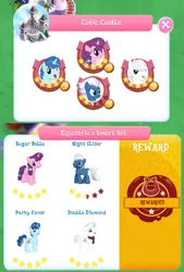 Size: 495x731 | Tagged: safe, derpibooru import, double diamond, night glider, party favor, sugar belle, pony, canterlot, equal four, gameloft