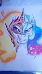 Size: 1024x1820 | Tagged: safe, artist:vanezaescobedo, derpibooru import, daybreaker, princess celestia, princess luna, alicorn, pony, a royal problem, bust, duality, portrait, royal sisters, split screen, traditional art