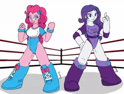 Size: 1025x780 | Tagged: suggestive, artist:zkfanart, derpibooru import, pinkie pie, rarity, equestria girls, adorasexy, breasts, clothes, cute, elbow pads, leotard, sexy, simple background, spread legs, spreading, white background, wrestler, wrestling, wrestling ring